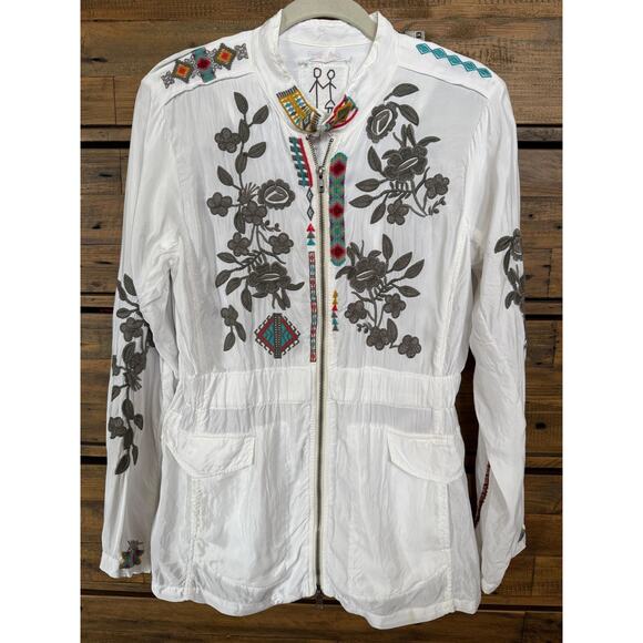 Johnny Was Jacket Women's Small White Embroidered Floral Zip Boho Festival Style - Picture 1 of 6